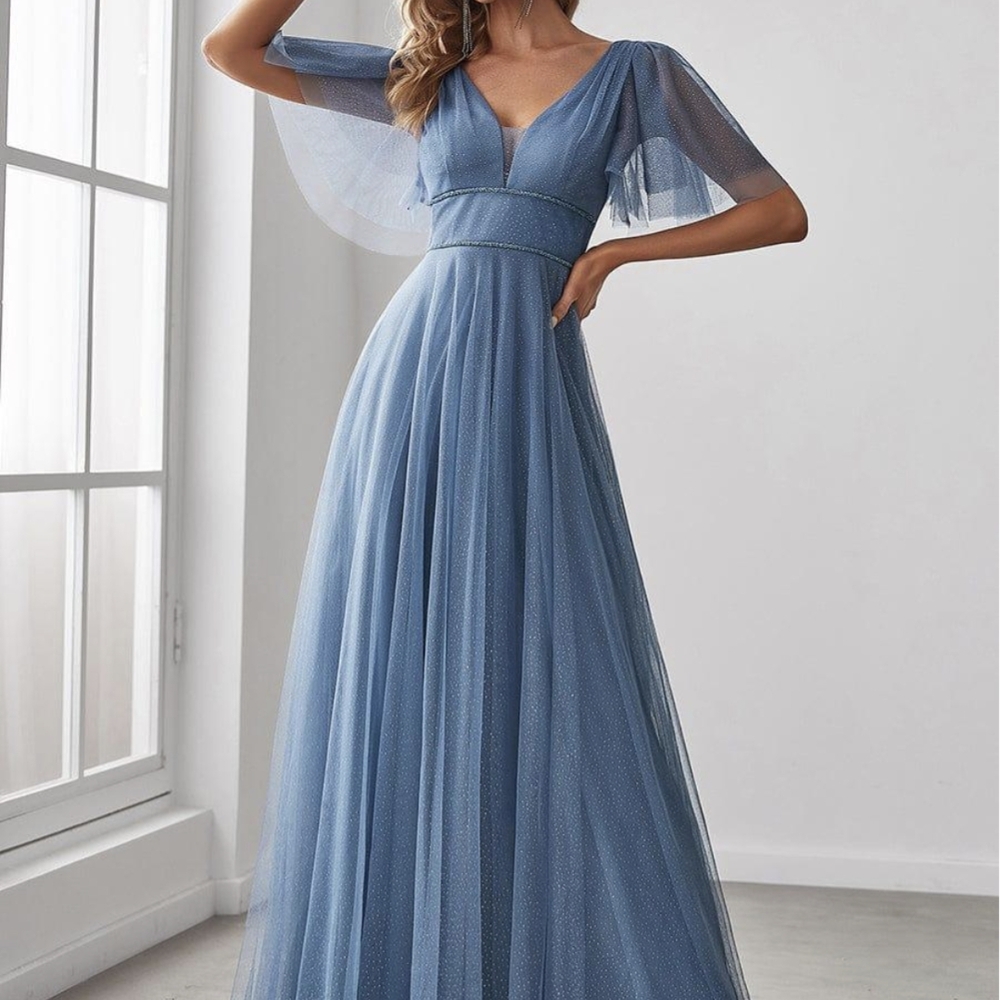 PrettyLittleThing Blue Maxi Gown V-Neck Flutter Sleeve